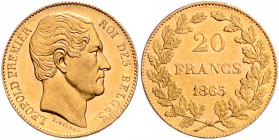 BELGISCHES KÖNIGREICH, Leopold I., 1831-1865, 20 Francs 1865. 6,47g. -Mwst befreit-
GOLD, f.st
KM 23