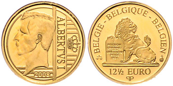 BELGISCHES KÖNIGREICH, Albert II., seit 1993, 12 1/2 Euro 2008. Verfassung. 1,25...