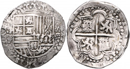 BOLIVIEN, Philipp III., 1598-1621, 8 Reales o.J. P.T/R, Potosi. 27,06g. Geprägt zwischen 1600-1621.
überdurchschnittl. gut ausgeprägtes Ex., ss+
KM ...