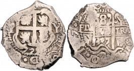 BOLIVIEN, Philipp V., 1700-1724 u. 1724-1746, Louis I. (1724): 8 Reales 1727 P.Y., Potosi. 27,19g.
selten, schöne Patina, ss
C.-C.9041; KM 35