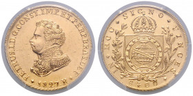 BRASILIEN, Pedro I., 1822-1831, 6400 Reis 1827 R. 14,32g.
GOLD, PCGS AU Details, Cleaned
Frbg.109; KM 370.1