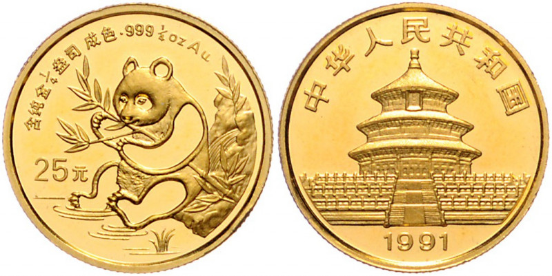 CHINA, Volksrepublik, seit 1949, 25 Yuan 1991, Panda. 1/4 Oz. -Mwst befreit-
GO...