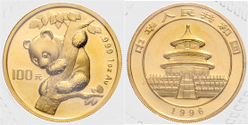 CHINA, Volksrepublik, seit 1949, 100 Yuan 1996, Panda. Large Date. -Mwst befreit-
GOLD, orig. verschweißt, st
PAN-256B; KM 887