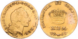 DÄNEMARK, Frederik V., 1746-1766, 12 Mark 1761 W, Kopenhagen. 3,02g.
GOLD, Broschiersp., Fassungssp., ss
KM 587.4; Frbg.269; Hede 22D; Sieg 21.4