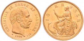 DÄNEMARK, Christian IX., 1863-1906, 10 Kronen 1900 VBP. 4,48g. -Mwst befreit-
GOLD, st
KM 790.2