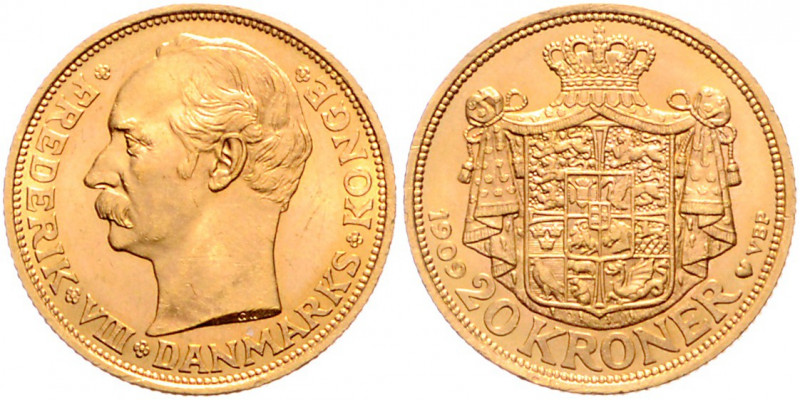 DÄNEMARK, Frederik VIII., 1906-1912, 20 Kronen 1909 VBP, Kopenhagen. -Mwst befre...