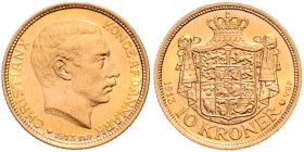 DÄNEMARK, Christian X., 1912-1947, 10 Kronen 1913 VBP, Kopenhagen. 4,48g. -Mwst befreit-
GOLD, st
KM 816; Frbg.300