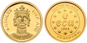 EUROPA, Goldmed. (.585) 1994 zu 1 Ecu Deutschland. Europa-Emblem. Rs.Gekrönte Büste Karl des Großen v.vorn. 1,55g; 13mm.
GOLD, PP