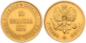 FINNLAND, Alexander II. von Russland, 1855-1881, 10 Markkaa 1878 S. 3,22g.
GOLD, vz
KM 8; Frbg.4