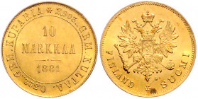 *FINNLAND, Alexander III. von Russland, 1881-1894, 10 Markkaa 1881 S.
GOLD, vz-st
KM 8.2