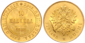 *FINNLAND, Alexander III. von Russland, 1881-1894, 10 Markkaa 1882 S. 3,20g.
GOLD, st
KM 8.2