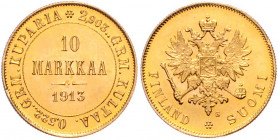 *FINNLAND, Nikolaus II. von Russland, 1894-1917, 10 Markkaa 1913 S.
GOLD, vz-st
KM 8.2; Fbrg.6