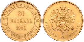 FINNLAND, Nikolaus II. von Russland, 1894-1917, 20 Markkaa 1904 S. -Mwst befreit-
GOLD, vz-st
KM 9.2; Frbg.3