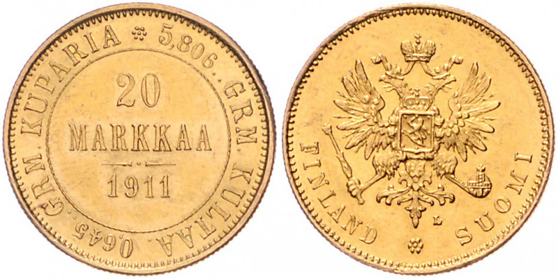 FINNLAND, Nikolaus II. von Russland, 1894-1917, 20 Markkaa 1911 L. -Mwst befreit...