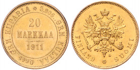 FINNLAND, Nikolaus II. von Russland, 1894-1917, 20 Markkaa 1911 L. -Mwst befreit-
GOLD, vz-st
KM 9.2; Fbrg.3