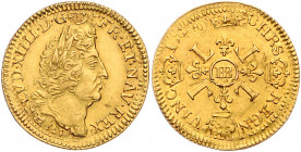 FRANKREICH, Ludwig XIV., 1643-1715, Louis d'or (Jahr nicht lesbar), BB. 6,69g.
GOLD, Doppelschlag., f.vz
Gad.252; Frbg.433