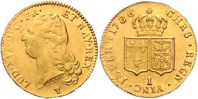 FRANKREICH, Ludwig XVI., 1774-1792, Doppel-Louis d'or 1786 I, Limoges. 15,17g.
GOLD, ss/vz
KM 592.7; Frbg.474