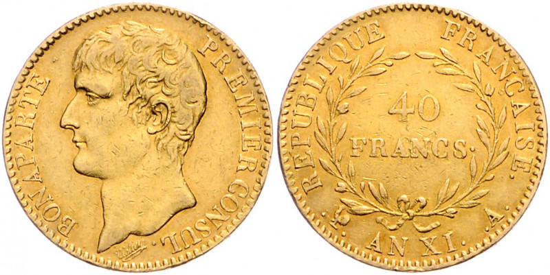 FRANKREICH, Napoleon als Konsul, 1799-1804, 40 Francs AN XI A, Paris. 12,84g. -M...