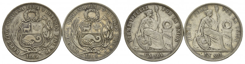 PERU, Republik, seit 1821, Sol 1864 YB, Lima; 1865 YB, Lima.
2 Stk., ss
KM 196...