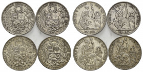 PERU, Republik, seit 1821, Sol 1869 YB (ss), 1871 YJ (ss), 1891 TF (ss+), 1894 TF (ss+), Lima.
4 Stk., ss bis ss+
KM 196.3; 24; 26
