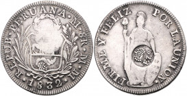 PERU, Republik, seit 1821, 8 Reales 1832 MM. Mit Ggst.Philippinen F.7.0, darüber Krone.
ss
KM 83; Philippinen