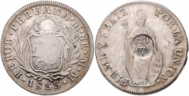 PERU, Republik, seit 1821, 8 Reales 1833 MM, Lima. Mit Ggst. Philippinen F.7.0, darüber Krone.
Prachtex. mit schöner Tönung, ss+
KM 83; Philippinen...