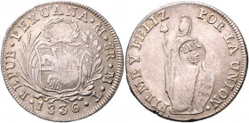PERU, Republik, seit 1821, 8 Reales 1836 MT, Lima. Ggst.Y II, darüber Krone (Philippinen).
ss-vz
KM 142.3