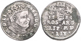 POLEN, Stephan Bathory, 1576-1586, Dreigröscher 1584. Litauische Münze. Neben LIT je ein Blatt. 2,41g.
ss
Gum.761; Kopicki 3373