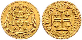 PORTUGAL, Joseph I., 1750-1777, 400 Reis (Pinto, 480 Reis) 1752, Lissabon. Krone über Name und Wert. Rs.Jerusalemer Kreuz. 0,94g.
GOLD, ss+
KM 248.2...