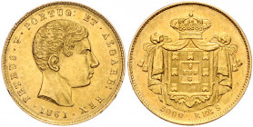 *PORTUGAL, Peter V., 1853-1861, 5000 Reis 1861.
GOLD, vz
Frbg.147; KM 505
