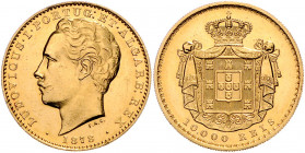 PORTUGAL, Ludwig I., 1861-1889, 10000 Reis 1878. 17,73g. Aufl. 23.000 Ex. -Mwst befreit-
GOLD, kl.Rdf., Vs.l.berieben, ss-vz/vz
KM 520