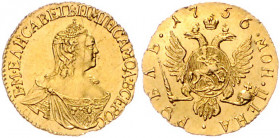 RUSSLAND, Elisabeth Petrovna, 1741-1761, Rubel 1756. 1,6g.
GOLD, kl.Kr., vz+
Frbg.116; Bitkin 60