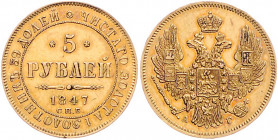 *RUSSLAND, Nikolaus I., 1825-1855, 5 Rubel 1847 CPb, St.Petersburg. 6,53g.
GOLD, kl.Rdf., vz
Bitkin 29; Frbg.155