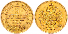 RUSSLAND, Alexander II., 1855-1881, 3 Rubel 1869, St.Petersburg. 3,93g.
GOLD, min.Randunebenheiten, ss-vz
Frbg.164; KM Y.26