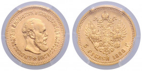 *RUSSLAND, Alexander III., 1881-1894, 5 Rubel 1888.
GOLD, PCGS AU55
Frbg.168; KM Y.42