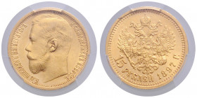 RUSSLAND, Nikolaus II., 1894-1917, 15 Rubel 1897 AC, St.Petersburg. -Mwst befreit-
GOLD, PCGS MS62
KM Y.65.1