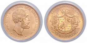 SCHWEDEN, Oskar II., 1872-1907, 20 Kronen 1887 EB. Aus der Weiss-Collection. -Mwst befreit-
GOLD, PCGS MS64
KM 748; Frbg.93a