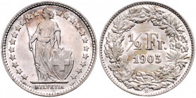 SCHWEIZ, Bundesstaat, seit 1848, 1/2 Franken 1905. 2,52g.
f.vz/st
KM 23; HMZ 2-1206o