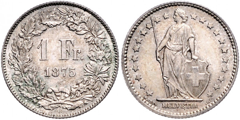 SCHWEIZ, Bundesstaat, seit 1848, Franken 1875 B, Bern.
schöne Tönung, vz+
KM 2...