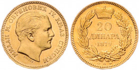 SERBIEN, Milan Obrenovich IV. als Prinz, 1868-1882, 20 Dinara 1879 A. -Mwst befreit-
GOLD, vz+
KM 14