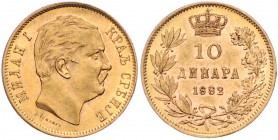SERBIEN, Milan Obrenovich IV. als König, 1882-1889, 10 Dinara 1882 V, Wien. -Mwst befreit-
GOLD, f.vz
Frbg.5; KM 16