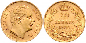 SERBIEN, Milan Obrenovich IV. als König, 1882-1889, 20 Dinara 1882 V, Wien. -Mwst befreit-
GOLD, vz
KM 17
