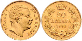 SERBIEN, Milan Obrenovich IV. als König, 1882-1889, 20 Dinara 1882 V, Wien. -Mwst befreit-
GOLD, vz-st
KM 17