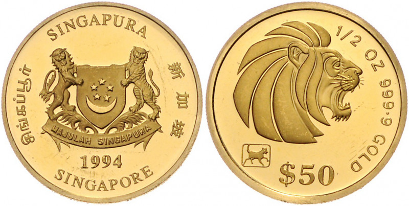 SINGAPUR, Republik, seit 1965, 50 Dollars 1994. Jahr des Hundes. 1/2 Oz Gold. Au...