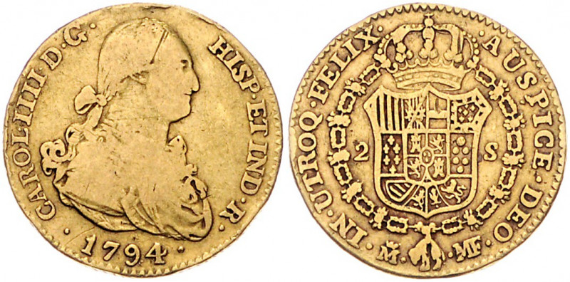 *SPANIEN, Karl IV., 1788-1808, 2 Escudos 1794 MF, Madrid. 6,57g.
GOLD, s-ss
Fr...