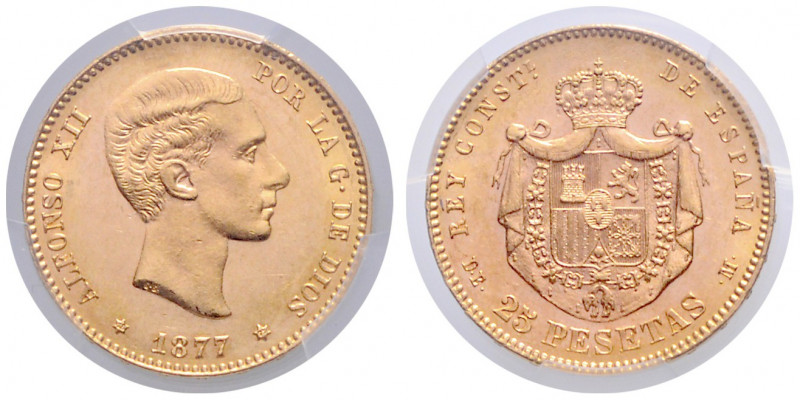 SPANIEN, Alfonso XII., 1874-1885, 25 Pesetas 1877 DE-M. -Mwst befreit-
GOLD, PC...