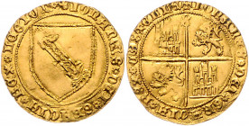 SPANIEN / KASTILIEN UND LEON, Johann II., 1406-1454, Dobla de la Banda o.J., Sevilla. Wappenschild. Rs.Vierfeldiges Wappen Leon-Kastiliens. 4,71g.
GO...