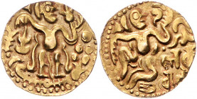 SRI LANKA / CEYLON, TAMILEN-DYNASTIE DER CHOLA. König Rajadhiraja, 1018-1053, AV Kahavanuva o.J. Steh. König r. mit Jasmin und Sonne, unten Pflanzen, ...