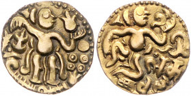 SRI LANKA / CEYLON, TAMILEN-DYNASTIE DER CHOLA. König Rajadhiraja, 1018-1053, AV Kahavanuva o.J. König r. stehend mit Jasmin und Sonne, unten Pflanzen...