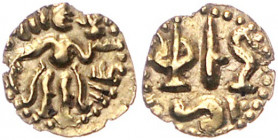 SRI LANKA / CEYLON, KÖNIGREICH VON JAFFNA, 1235-1418, AV Aka =1/8 Kahavanuva o.J. König r. stehend, davor Altar. Rs.Unter Muschel Legende: DARAKA, NAN...